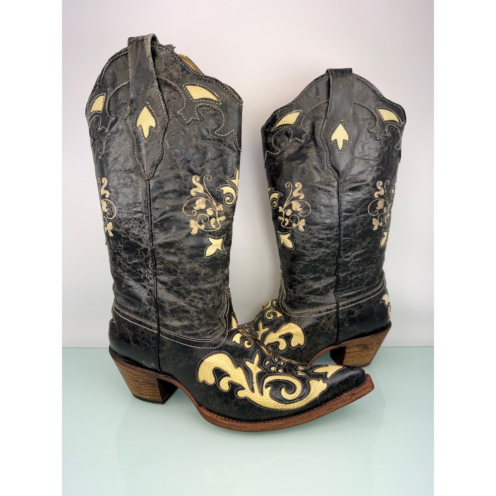 Corral Black Bone Lizard Inlay Western Boots Snip Toe Cowboy Leather Size 9.5